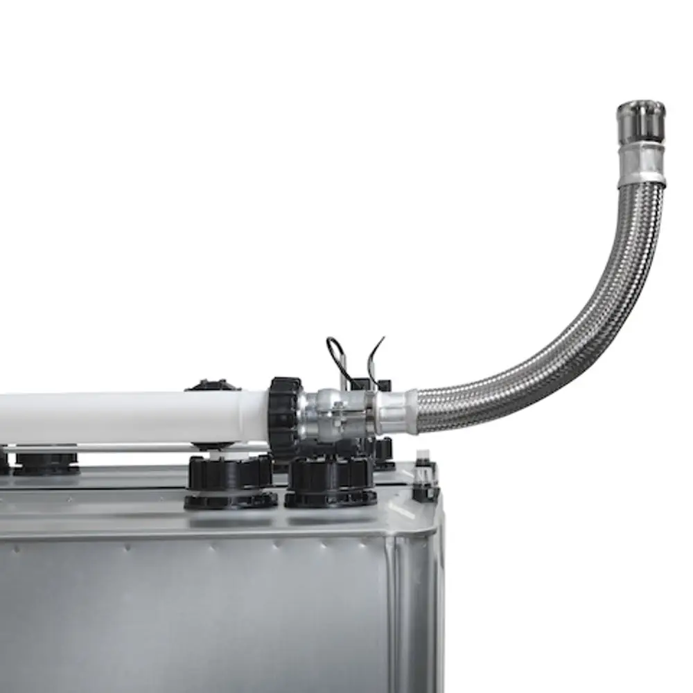 Roth-Füllflex mit einem Edelstahlbehälter, ausgestattet mit Schlauchanschlüssen und einem flexiblen Edelstahlrohr für fluidtechnische Anwendungen.